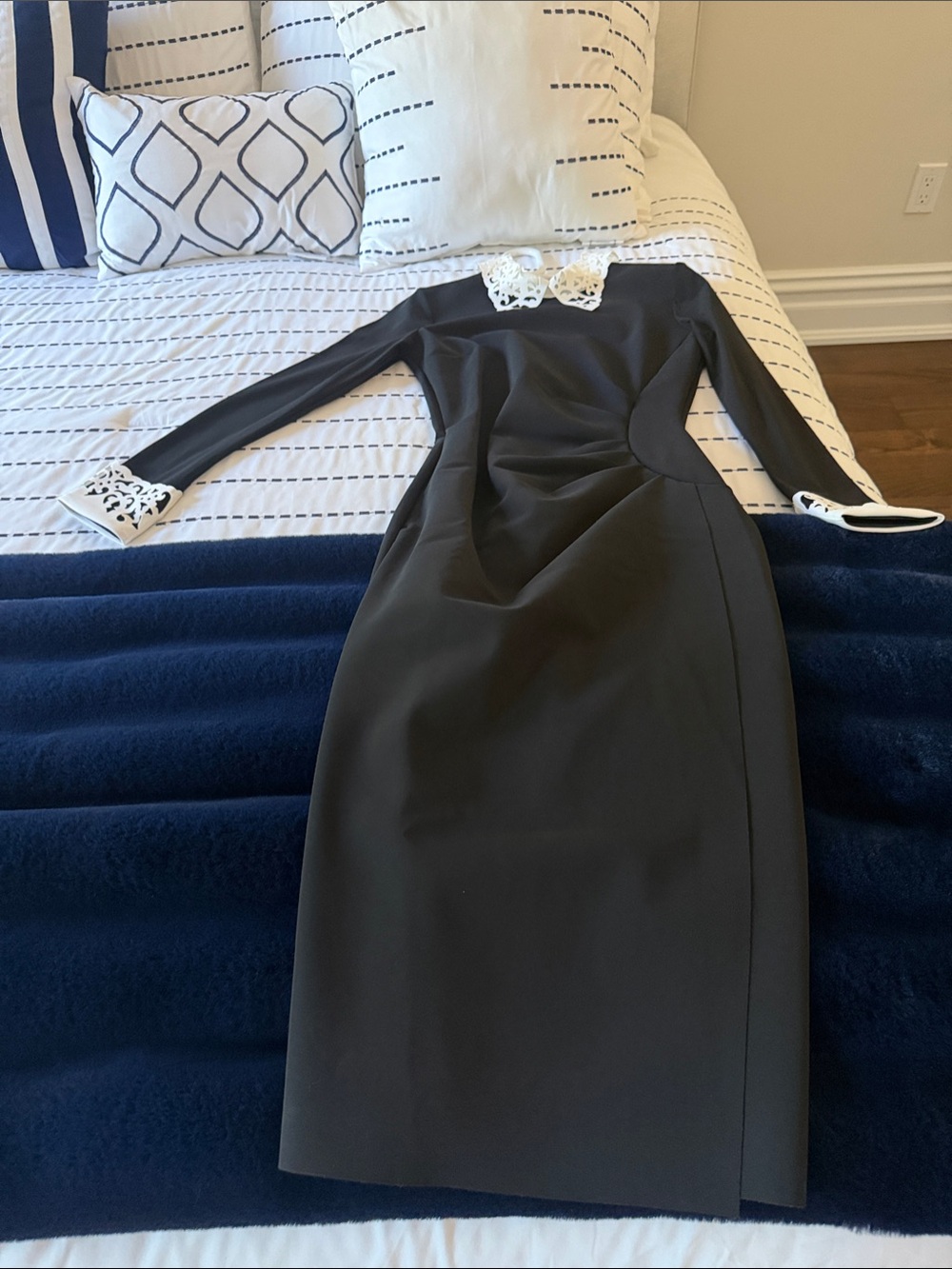 Black Long-Sleeve Sheath Dress with White Lace Collar and Cuffs